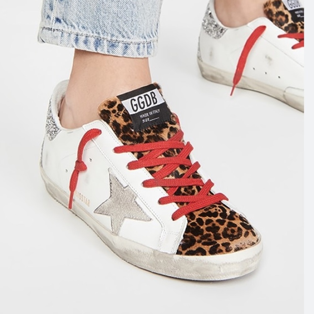 Golden Goose Superstar Sneakers with Leopard Toe and Tongue